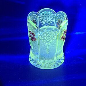 Antique US Glass EAPG Double Dahlia with Lens Toothpick Manganese Glow Stained